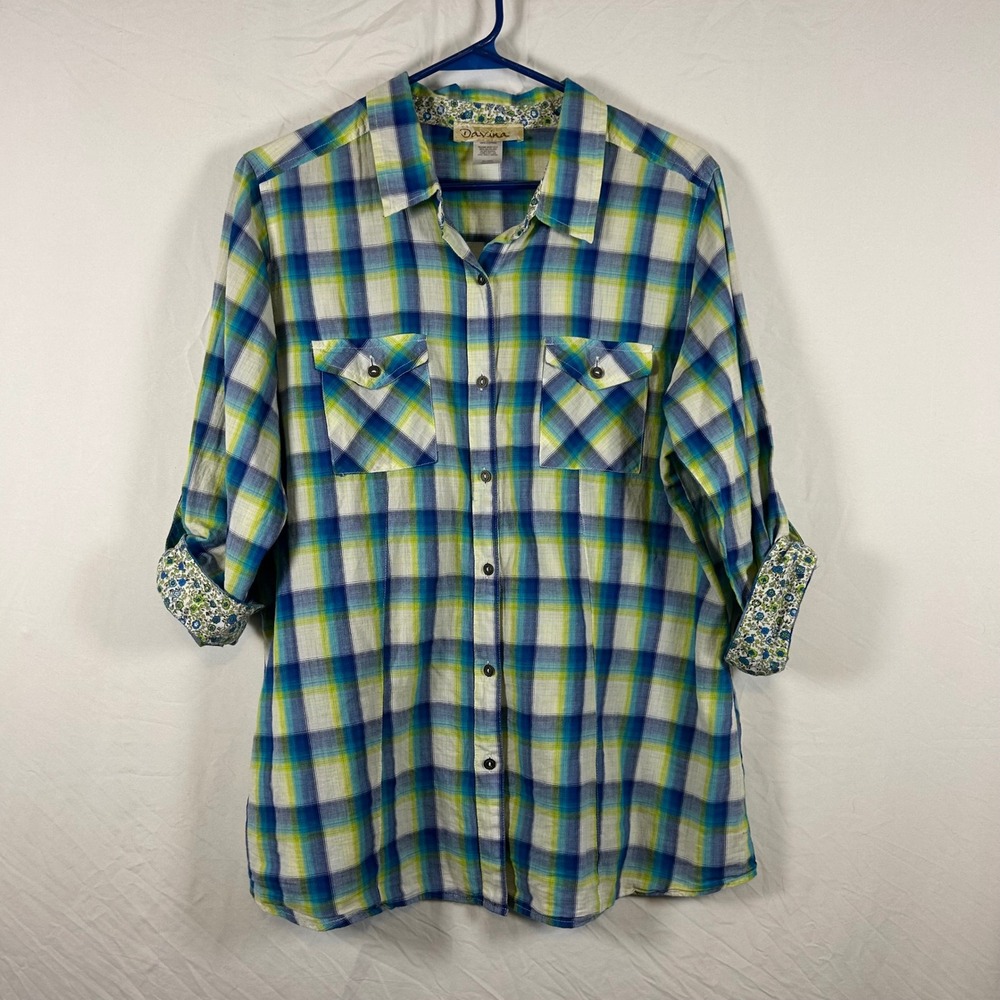 Davina Womens XL Plaid Button Down Shirt Blue Green Roll Tab Sleeve Floral Trim